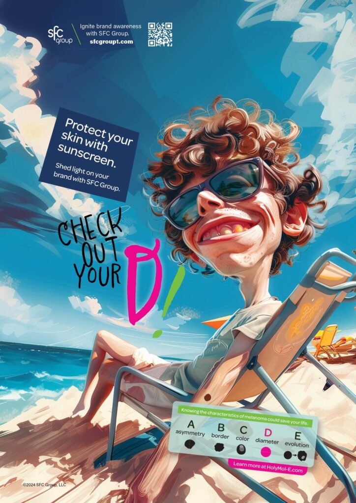 smiling curly man in sunglasses sunbathing on sun lounger. there is an inscription next to it "check out your D!"
