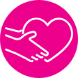 White hand forming heart shape on pink circle.