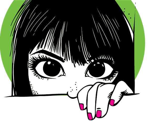 Cartoon woman with bangs peeking over surface, wide eyes, pink fingernails, on green circle.