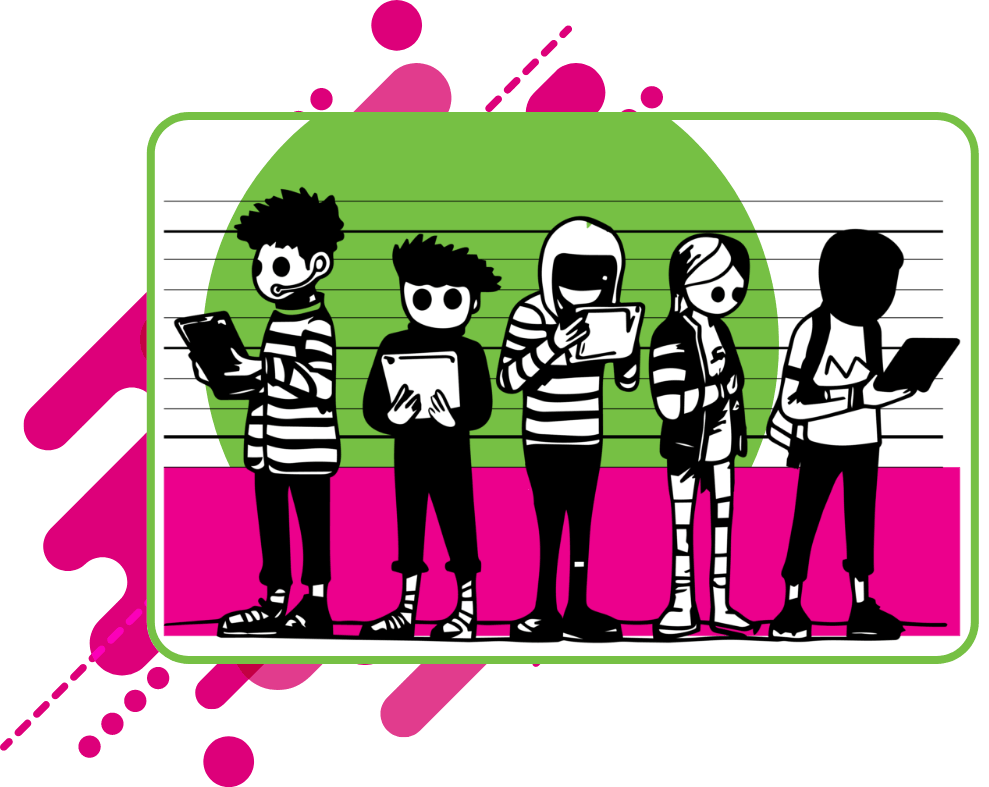 Cartoon illustration of five diverse stylized teenagers standing in a line on a lined notebook background, each holding a tablet or e-reader, wearing casual streetwear with hoodies, backpacks, and sneakers, set against a bright green circle and hot pink base, evoking modern youth culture and digital engagement