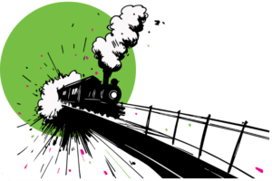 Dynamic black and white cartoon illustration of a speeding steam train with smoke billowing from its chimney, racing across a bridge with strong motion lines and energy splashes, set against a large bright green circle and scattered pink and green dots on white background.
