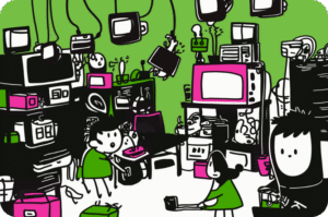 Chaotic cartoon illustration of a cluttered room overflowing with old electronics including CRT televisions, microwaves, computers, and appliances stacked high, with several cartoon characters in green shirts navigating or working among the piles against a bright green background.